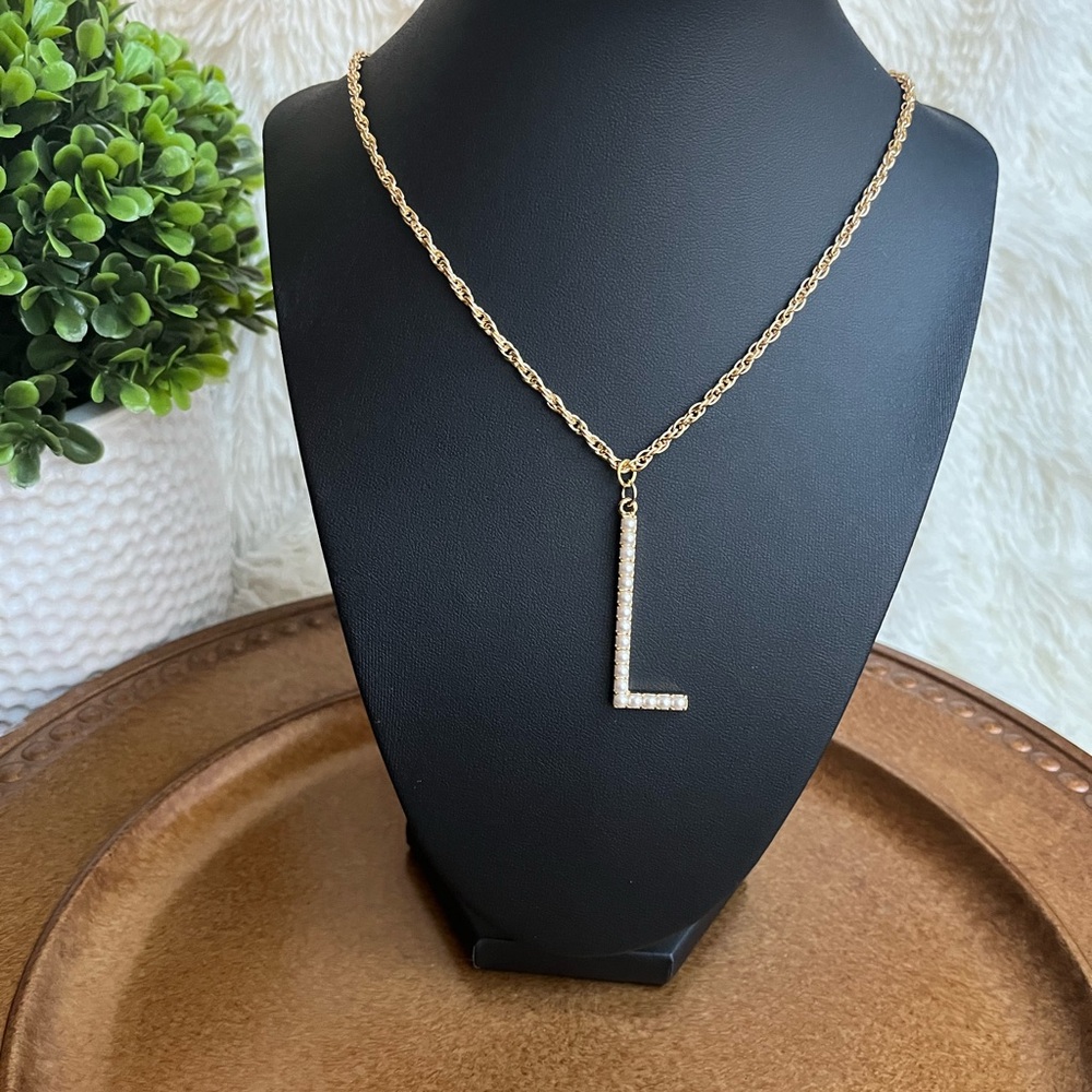 Faux pearl monogram L initial statement Necklace
